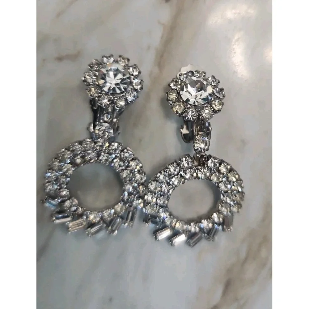 Judy Lee Crystal Clip On Earrings Baguette Rhinestone Silver Tone Dangle Signed